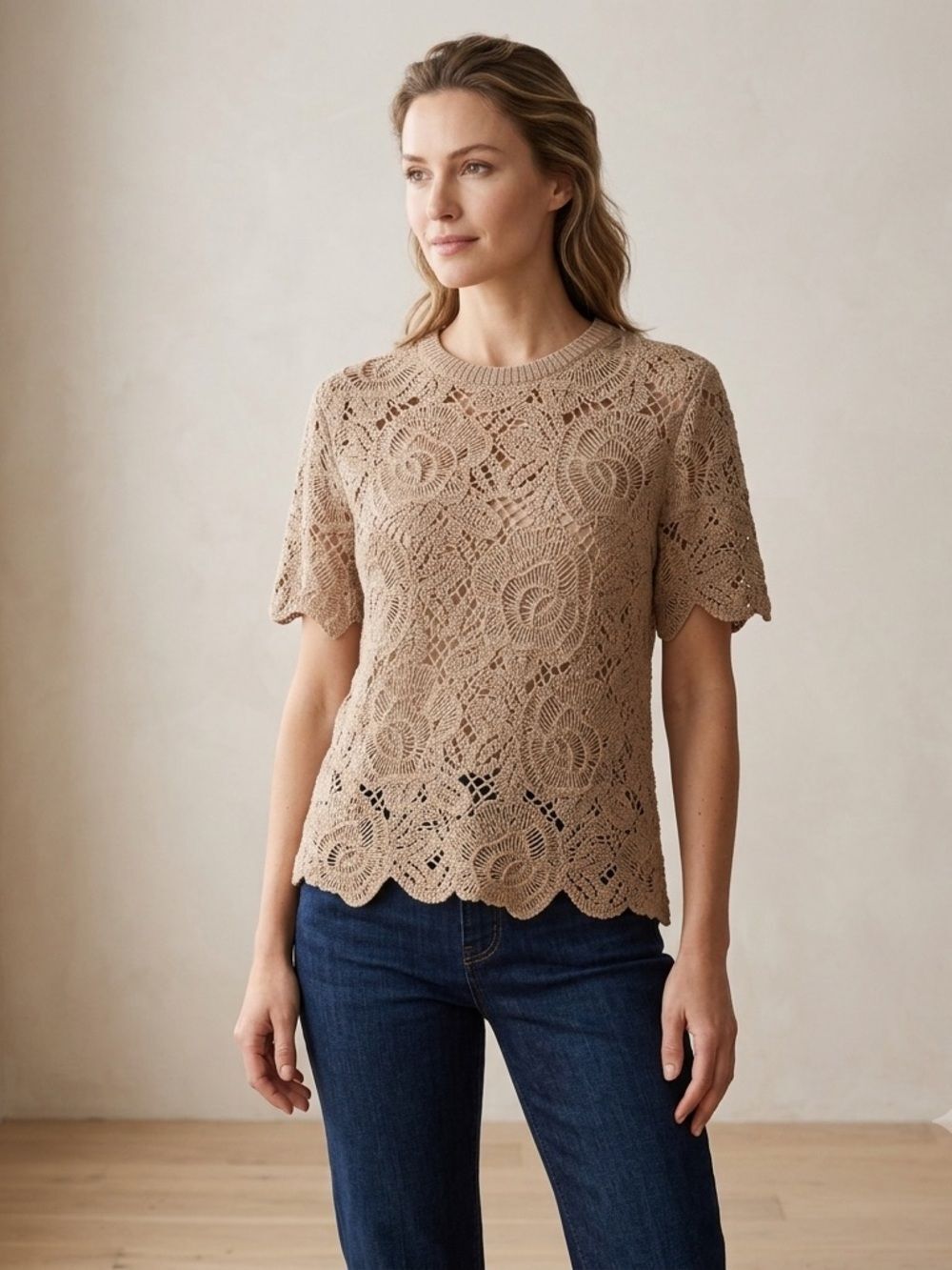 Abercrombie & Fitch Crochet Short Sleeve Top, Taupe size small.